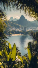 Tropical Cove Framed by Palms Gazes at Volcanic Peaks.