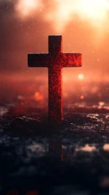 Crimson stone cross blazing against stormlit twilight haze.