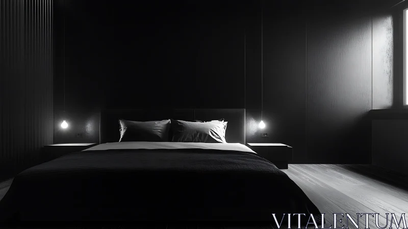 Monochrome minimalist bedroom uses hard contrast and directional light