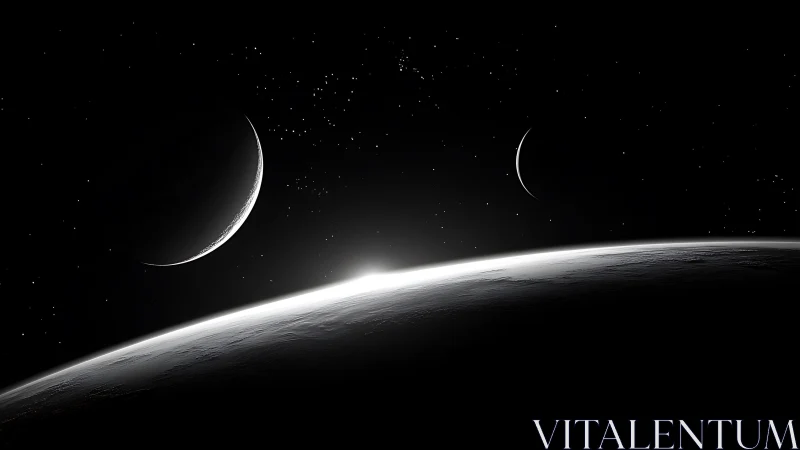 Crescent celestial bodies align above a lit planetary horizon