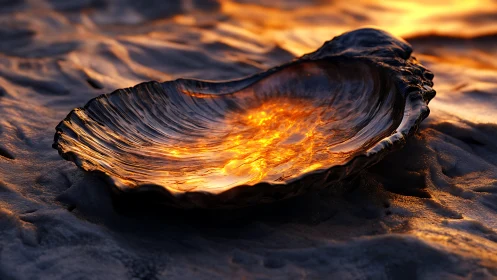 Glowing seashell cradles sunset light on rippled sand