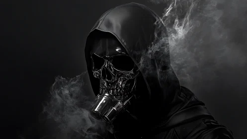 Hooded chrome skull respirator emerges from drifting monochrome smoke