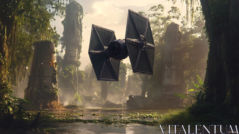 Imperial-style starfighter above dense swamp ruins scene.