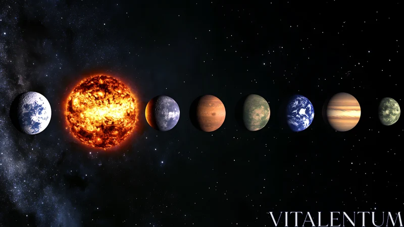 Linear exoplanetary system rendered with illuminated stellar corona dynamics