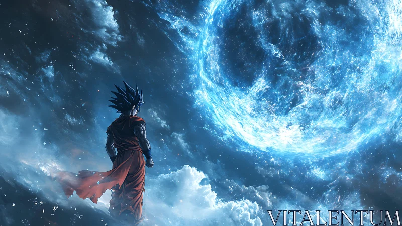 Spiky haired fighter watches massive blue cosmic energy sphere