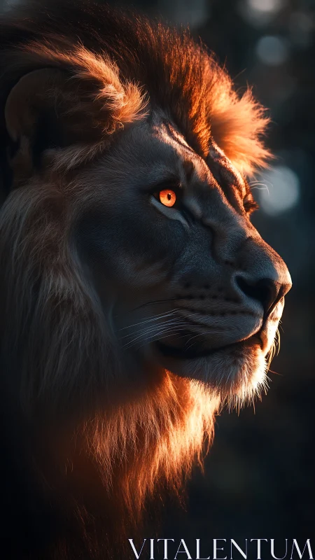 Golden light crowns a calm lion in a glowing forest dusk