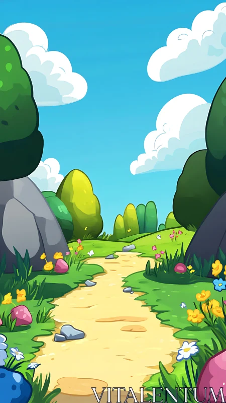 Cartoon path extends through stylized trees and rocks