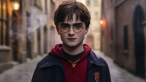 Young person in cloak stands in narrow cobbled alleyway