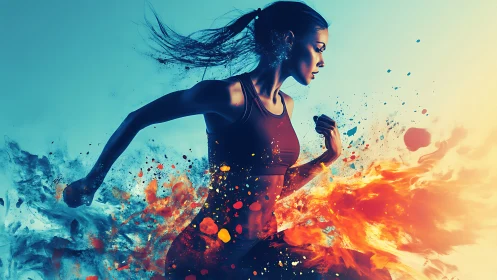 Dynamic female runner explodes through abstract fire and ice