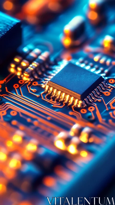 Glowing microchip dominates illuminated blue orange circuit board