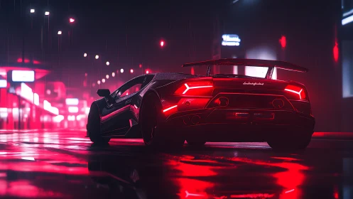Neon-soaked supercar prowling through rainy cyber streets.