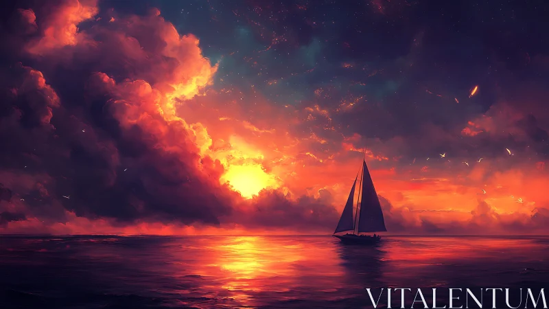 Sailboat silhouette under vivid red and orange sunset sky.