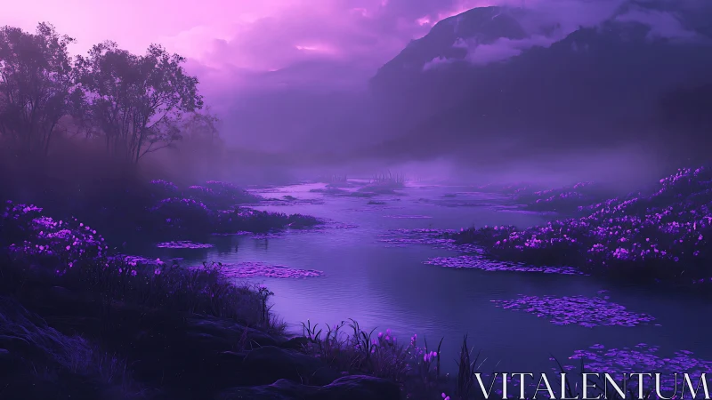 Violet river valley under misty mountains at dusk.