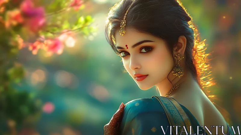 Elegant woman in traditional attire against soft bokeh background.