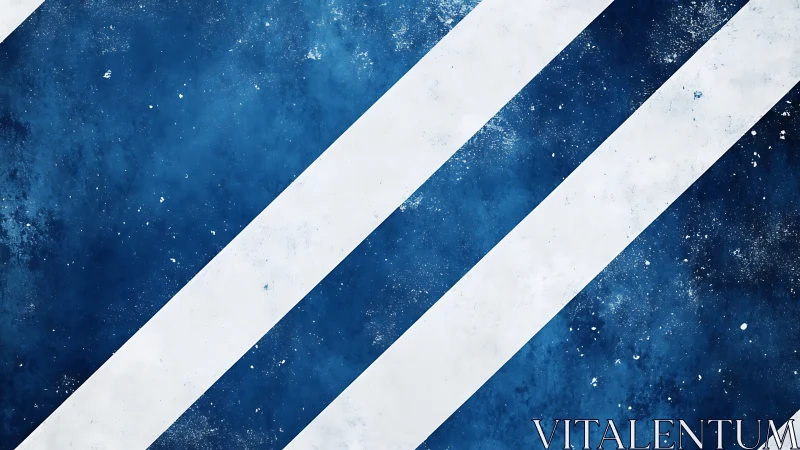 Diagonal blue stripes cut across textured white field.