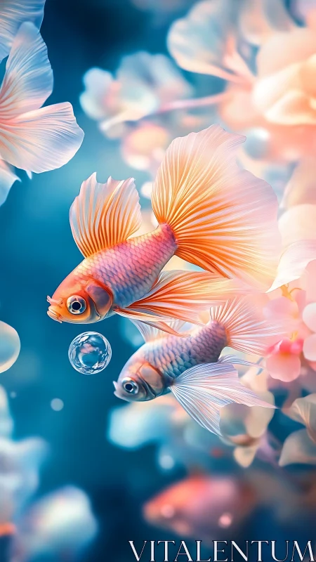 Bokeh-rendered twin goldfish with translucent fins in drift.