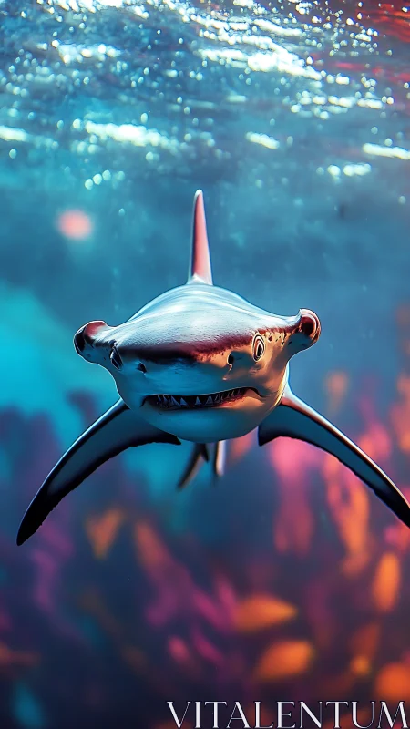 Curious hammerhead shark gliding through glowing reef water.