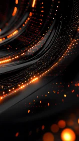 Parametric black surfaces with flowing orange light trails.
