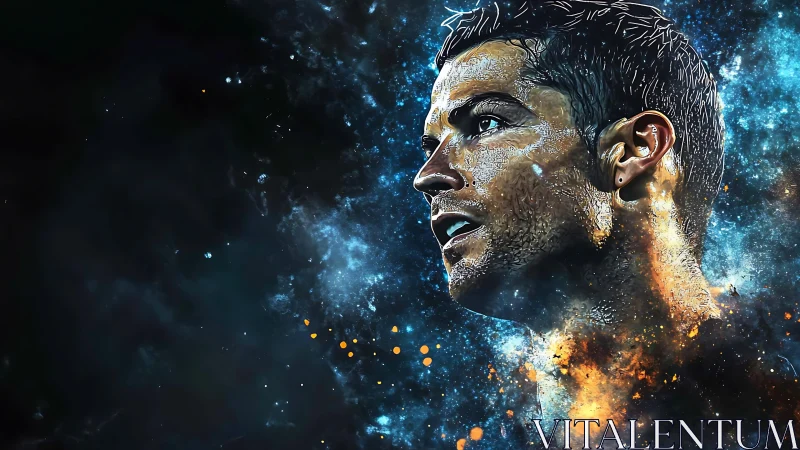 Dynamic portrait of male athlete amid cosmic particle field