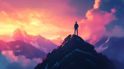 Silhouette on alpine summit under vivid magenta sunset sky