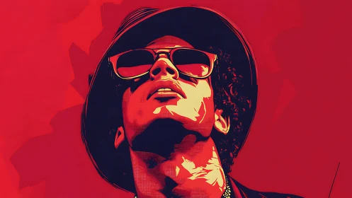 Stylized portrait of person in sunglasses on red backdrop.