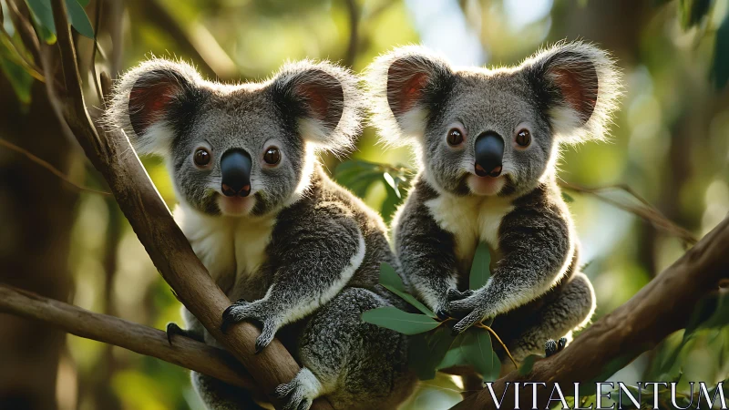 Twin koalas rest on eucalyptus branches in warm forest light.