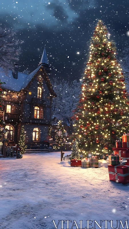 Snowy village street shows lit Christmas tree and house