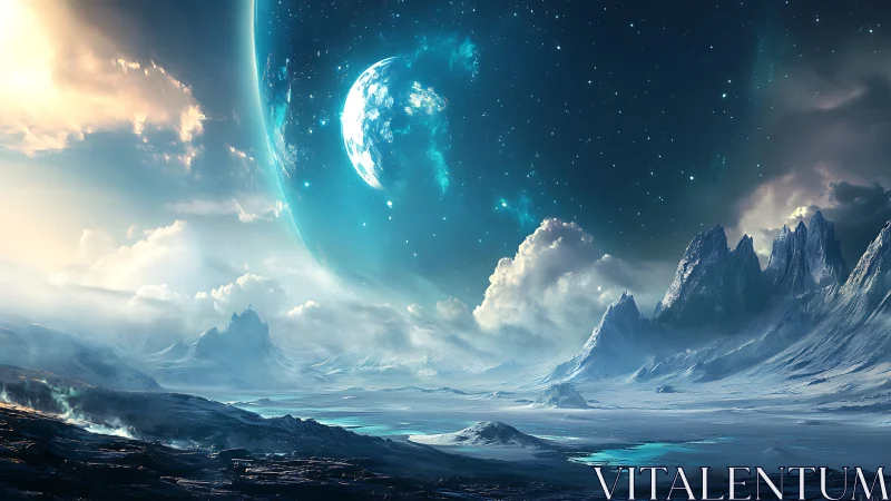 Gentle blue planet rising over a frozen cosmic shoreline.