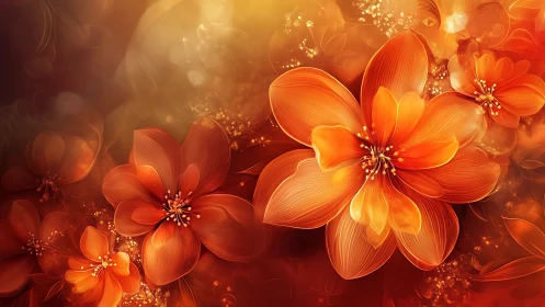 Radiant amber blossoms in glowing abstract bokeh field.