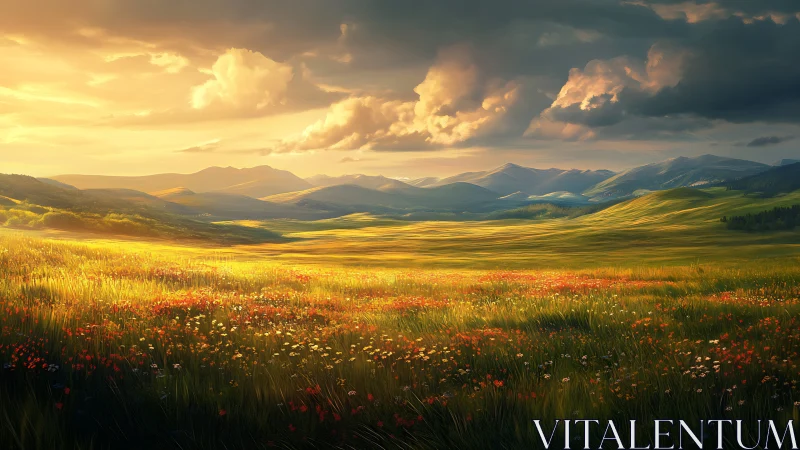 Sunlit wildflower prairies bow beneath roaming golden clouds.