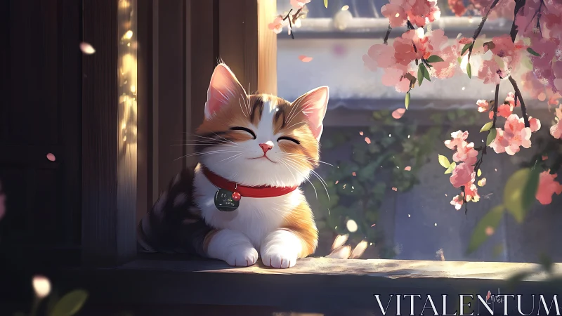 Calico cat with red collar on sunlit windowsill.