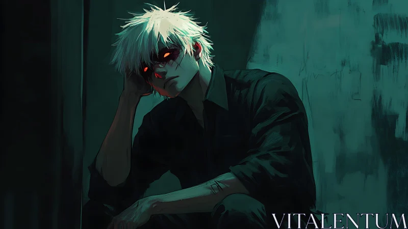 White-haired figure sits in shadow with glowing red eyes