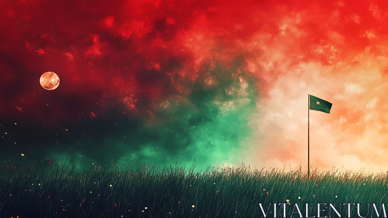 Chromatic dusk field with lone star flag under stratified sky.