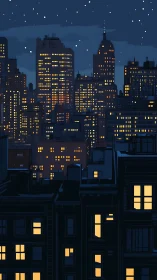 Night city skyline with lit apartment windows under stars.