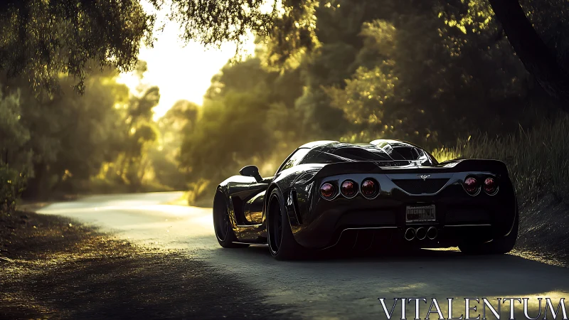 Black sports car on shaded rural road at sunset light.
