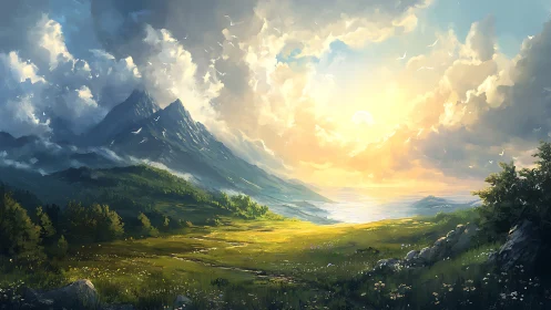 Atmospheric mountain valley at sunrise with volumetric light fields.