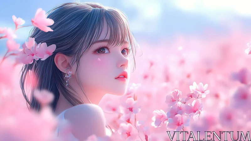 Anime portrait in luminous pink floral bokeh field framework.