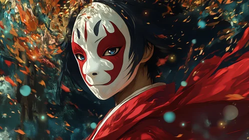 Fox-masked wanderer swirling through emberbright leaves.