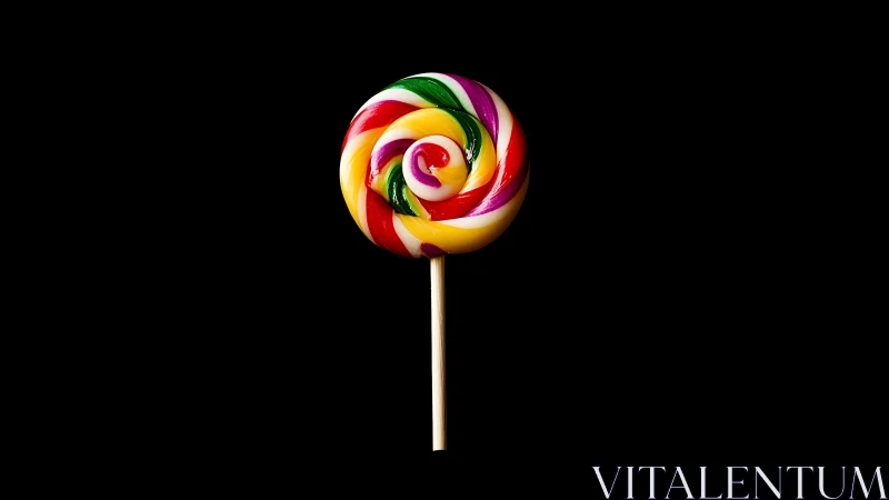 Colorful spiral lollipop candy on dark background.