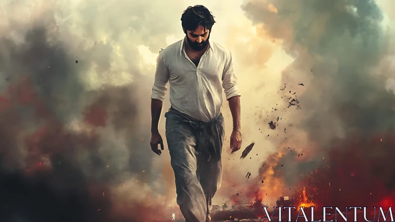 Solitary figure advances through volumetric smoke and lateral explosions