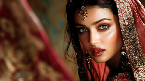 Golden gaze beneath a crimson jeweled bridal veil.