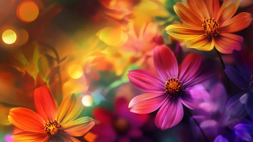 Cosmos flowers rendered with chromatic gradient and bokeh effects