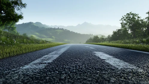 Low-angle view shows asphalt road receding toward hills