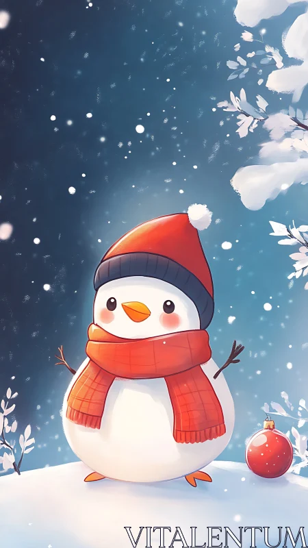 Cute snowman illustration in red scarf on winter hill.