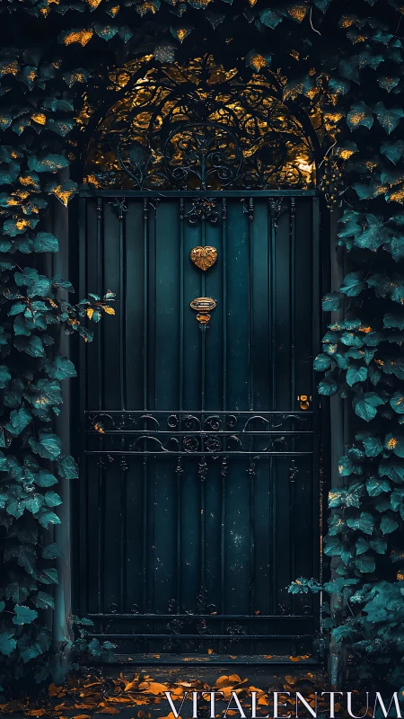 Enchanted iron garden door glows amid teal ivy and gold leaves