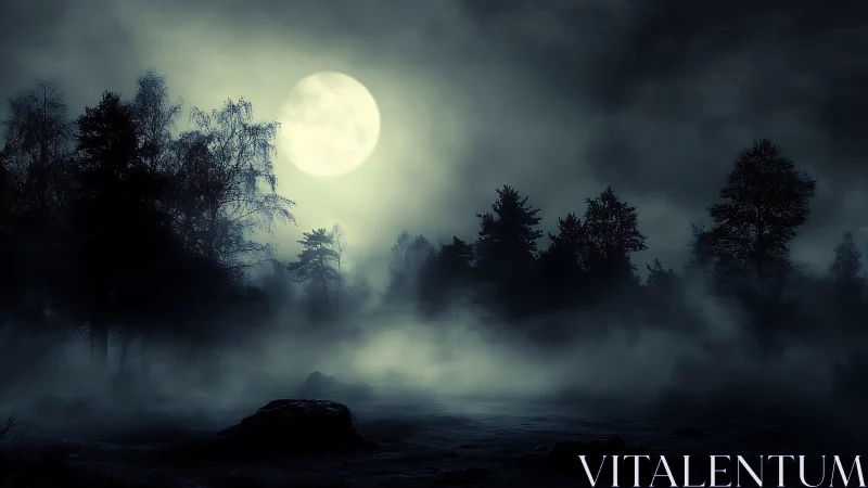 Moonlit mist over silhouetted forest in nocturnal blue haze.