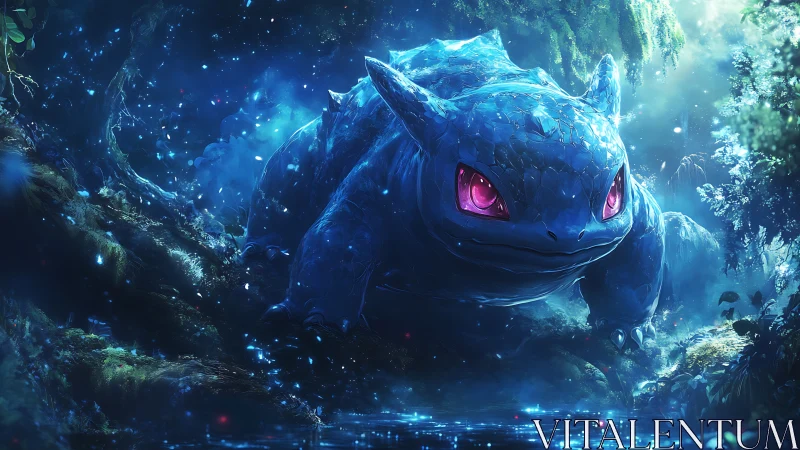 Mythic blue beast advancing through glowing forest stream.