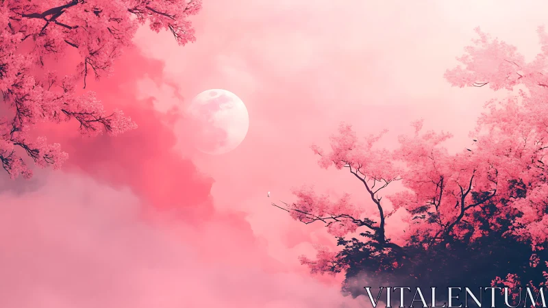 Pink-tinted atmospheric landscape frames full moon centrally