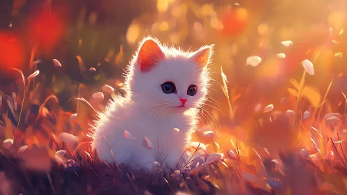 White Kitten in Golden Sunset Field.