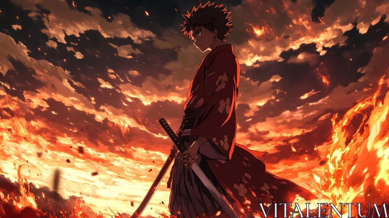 Fiery sky surrounds a calm swordsman ready to face destiny